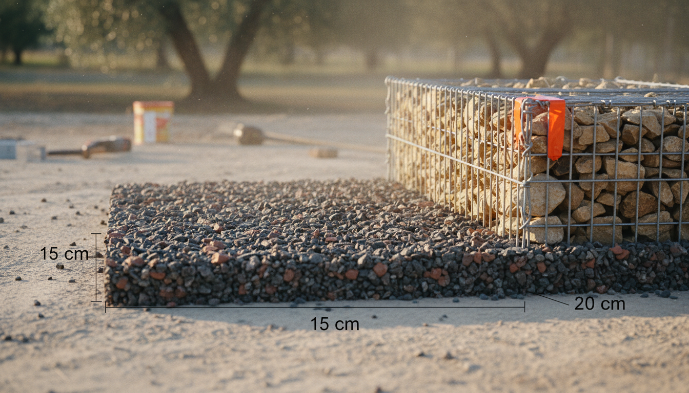 Coupe technique de la fondation : gravier 0/31,5 sur 15 cm, emprise 20 cm plus large que le gabion de chaque côté