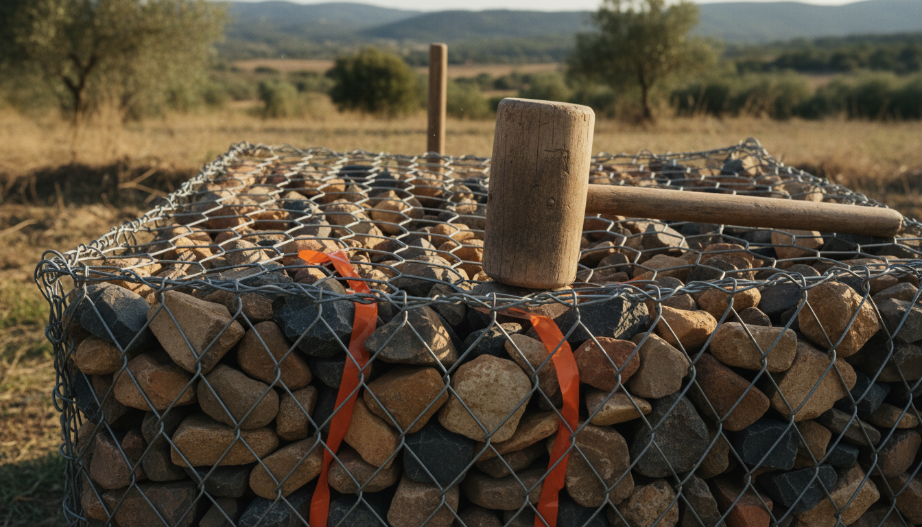 Top-down view of the gabion being tamped with a wooden tamper