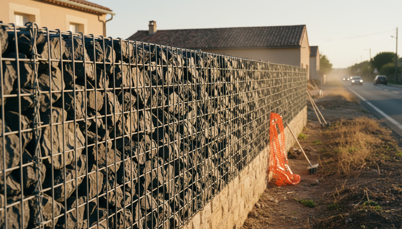 Mur anti-bruit en gabion de 2,20 m de haut et 40 cm d'épaisseur en bordure de route