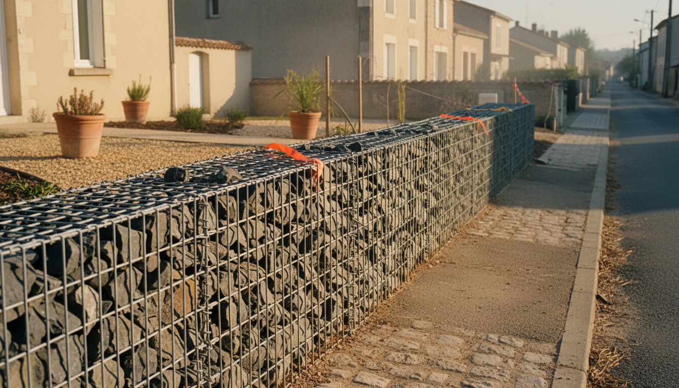 Mur en gabion d'un mètre de haut en basalte séparant un jardin d'un trottoir