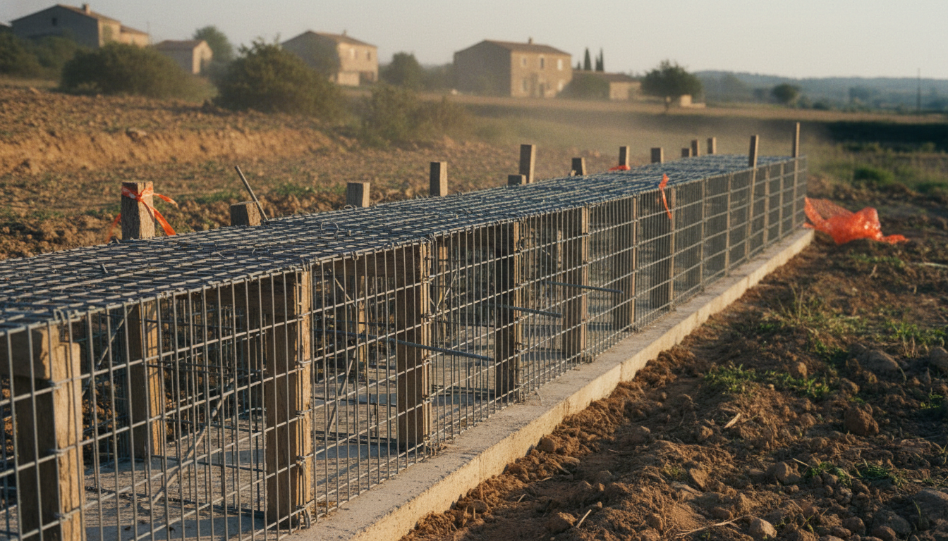 Photo des gabions de la première rangée, vides, alignés sur la semelle béton