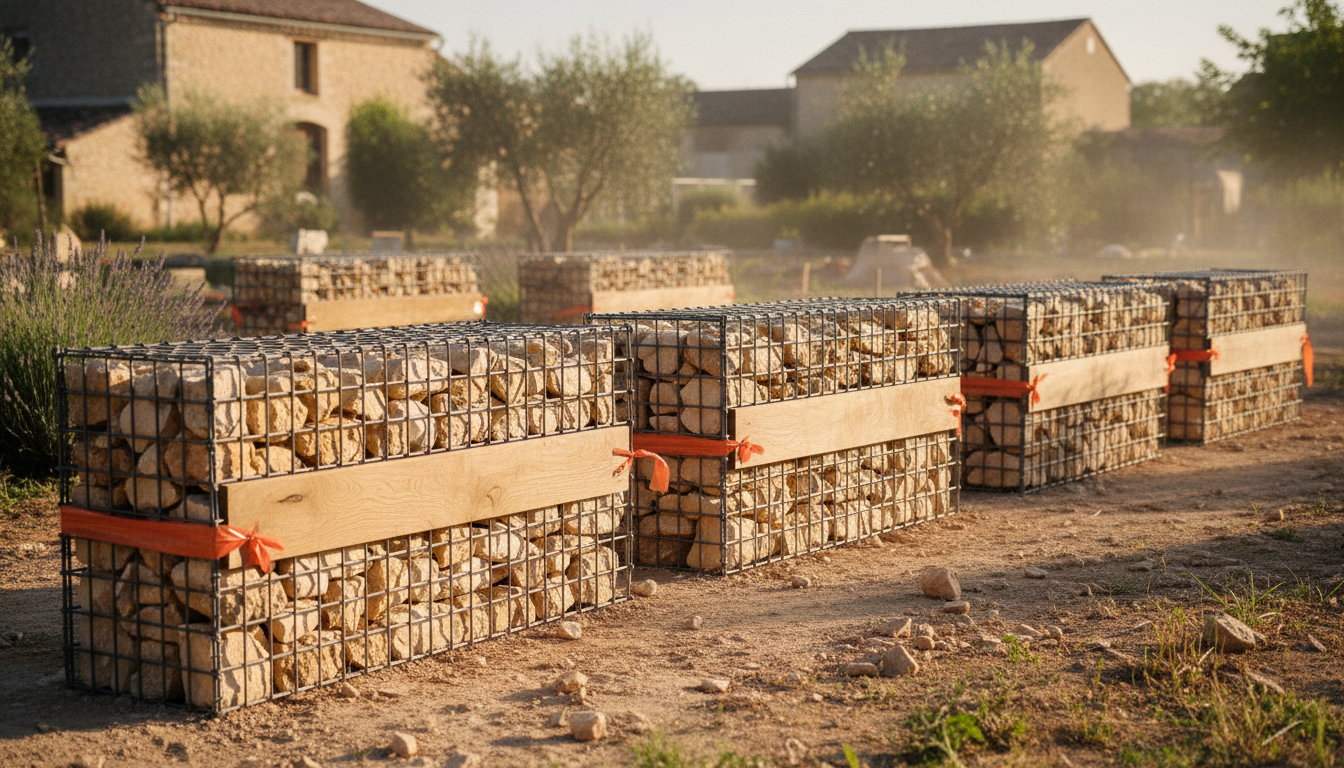 Muret gabion bas en pierre calcaire crème avec planches de chêne horizontales intercalées entre les modules