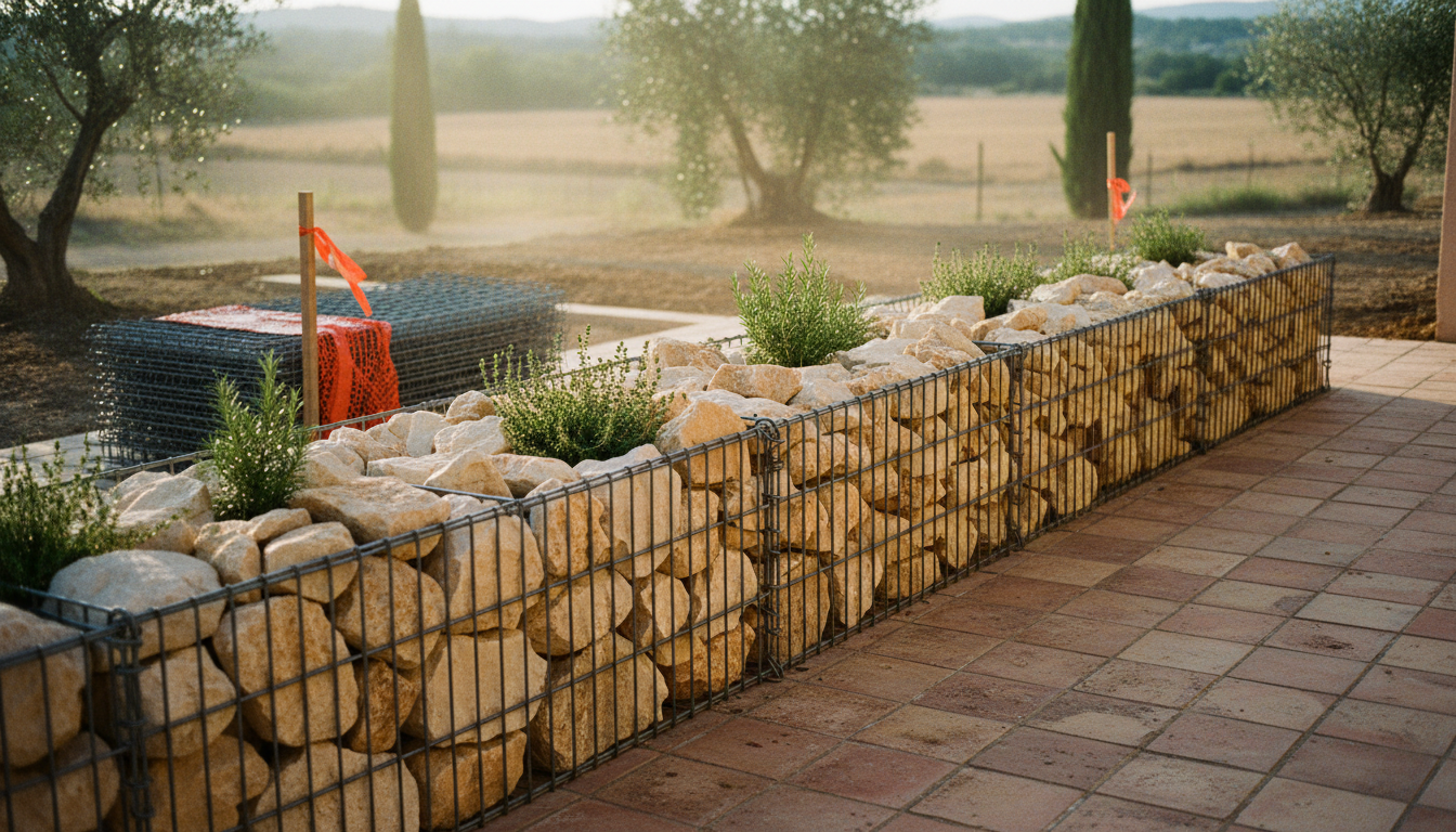 Muret gabion bas en pierre calcaire crème planté de thym et romarin le long d'une terrasse