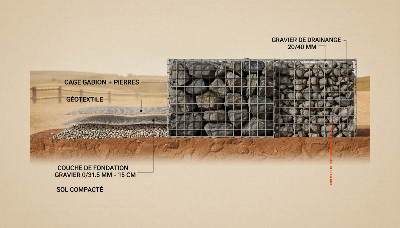 Schéma des cinq couches techniques d'une pose gabion : sol compacté, gravier, géotextile, gabion, drainage arrière