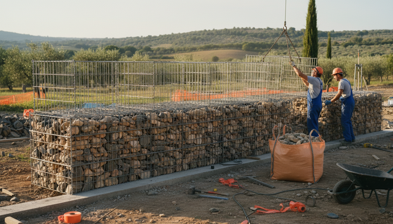Chantier de pose de gabion en cours : fondation posée, première rangée en place
