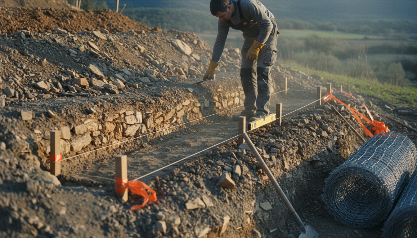 Artisan préparant un terrain en pente pour la pose d'un gabion, banquette horizontale décaissée dans le coteau