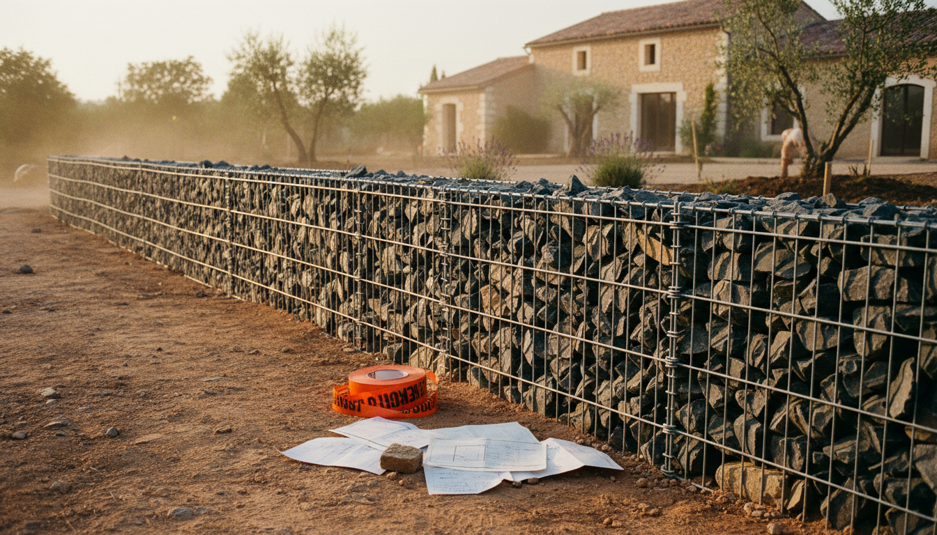 Clôture en gabion devant une maison française avec devis papier posé au premier plan