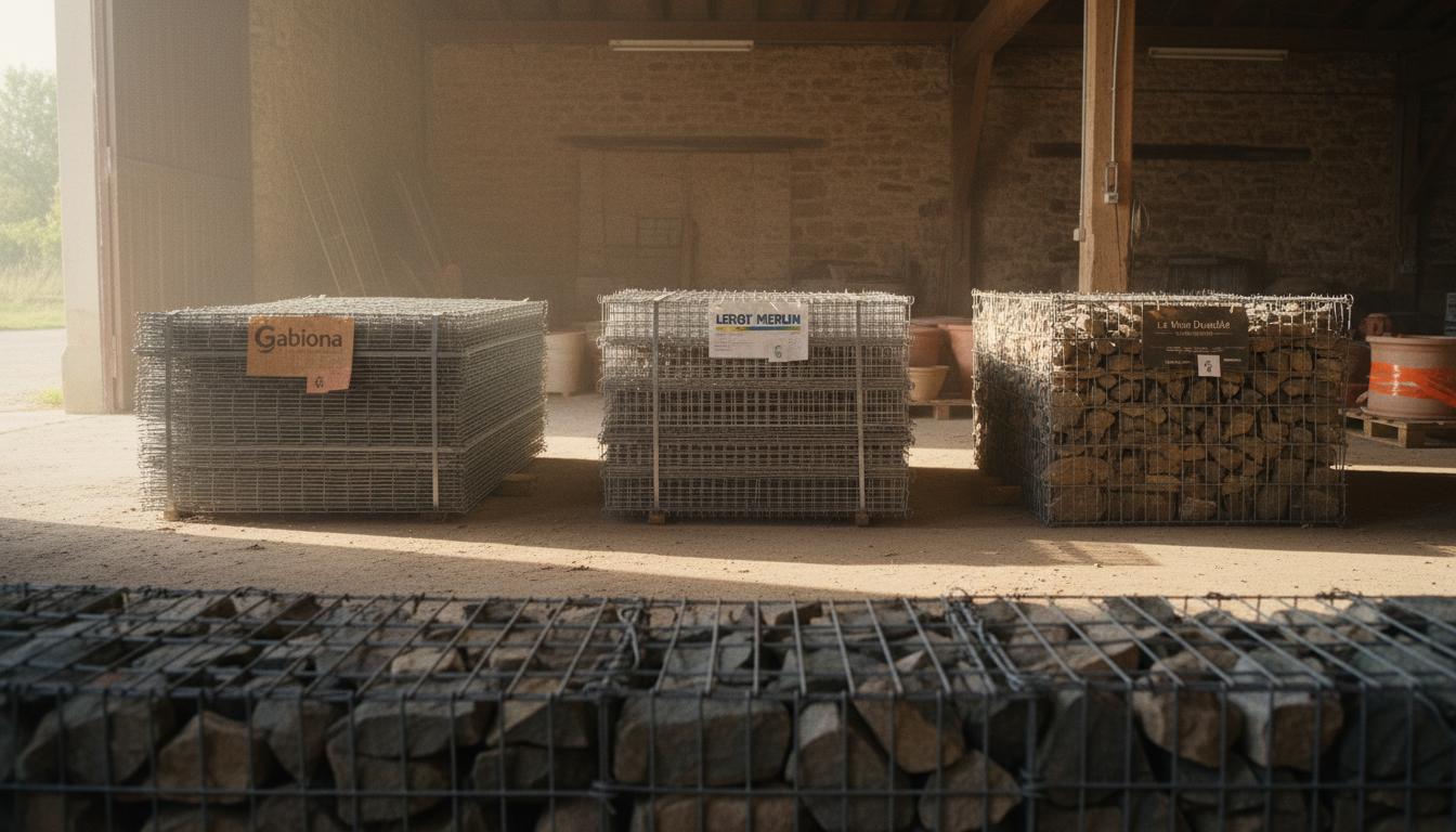 Trois piles de gabions de différents fournisseurs français côte à côte, étiquettes de prix visibles