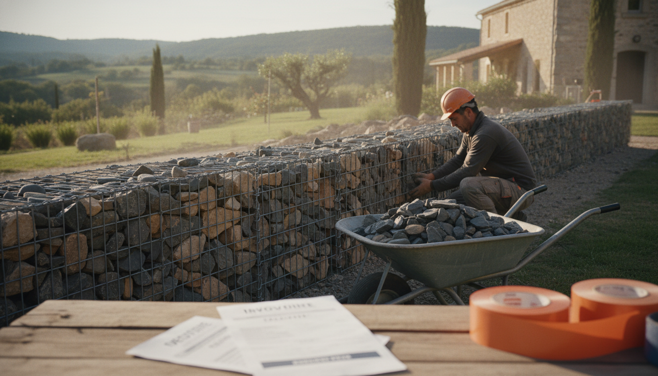 Pose professionnelle d'un mur en gabion avec devis visible