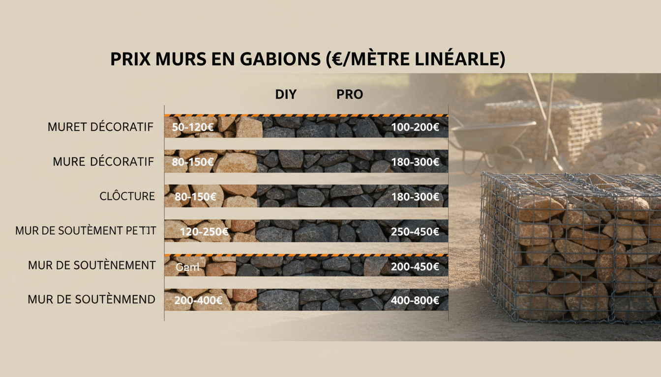 Graphique comparatif des prix de gabion par usage en euros par mètre linéaire