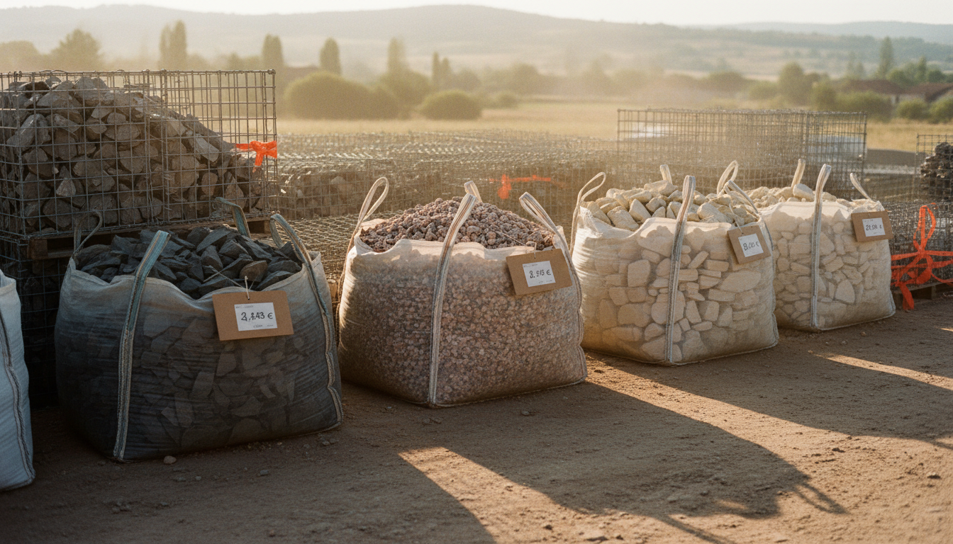 Cour de matériaux avec big-bags de basalte, granite et calcaire pour gabion et étiquettes de prix visibles, lumière de fin d'après-midi