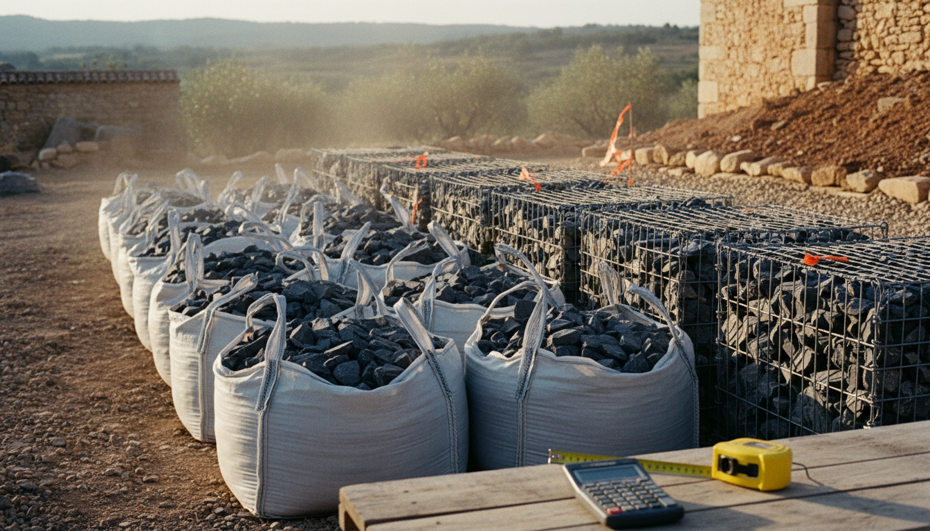 Big-bags de pierres de 500 kg alignés devant des gabions vides, avec mètre ruban et calculatrice posés au premier plan