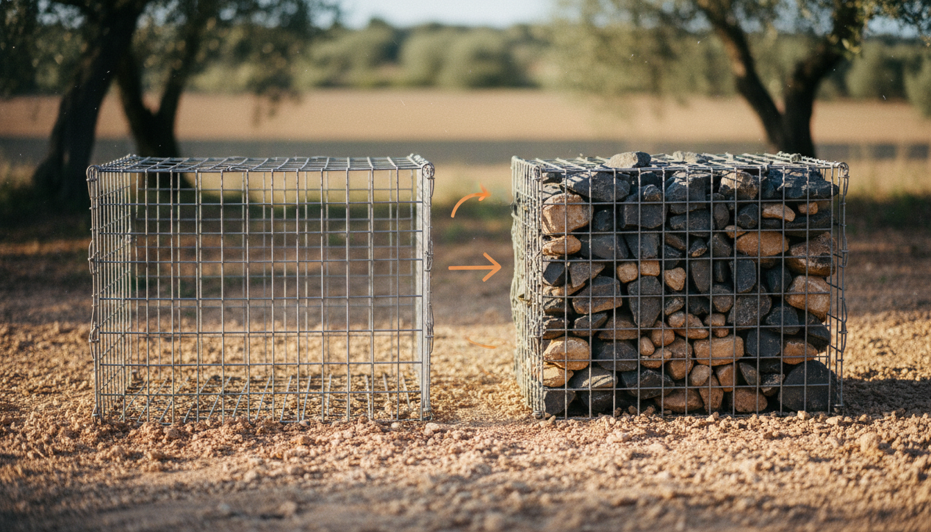 Cage gabion vide à côté d'un gabion rempli de pierres : le principe expliqué visuellement
