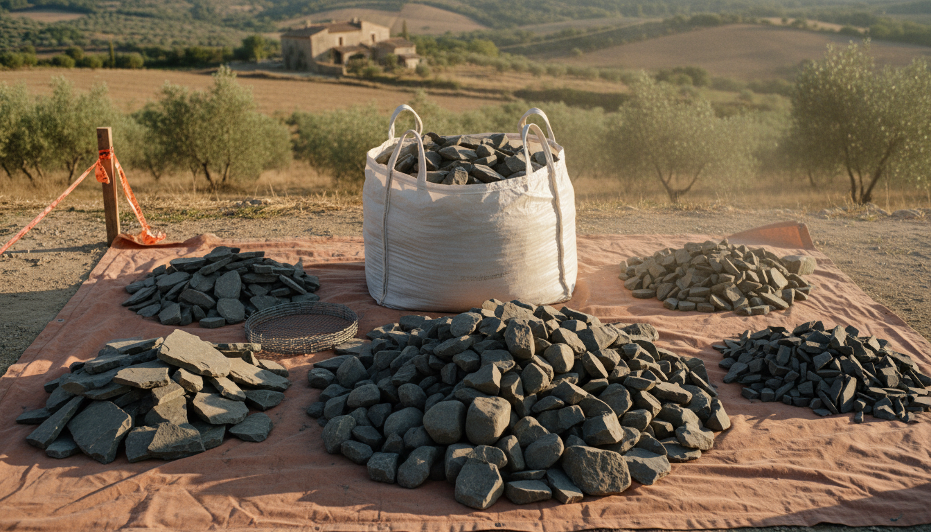 Big-bag ouvert sur une bâche, pierres de basalte triées en trois tas par taille et forme