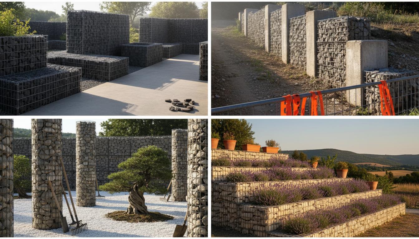 Quatre styles de gabion dans des jardins français : moderne, brutaliste, zen japonais, méditerranéen