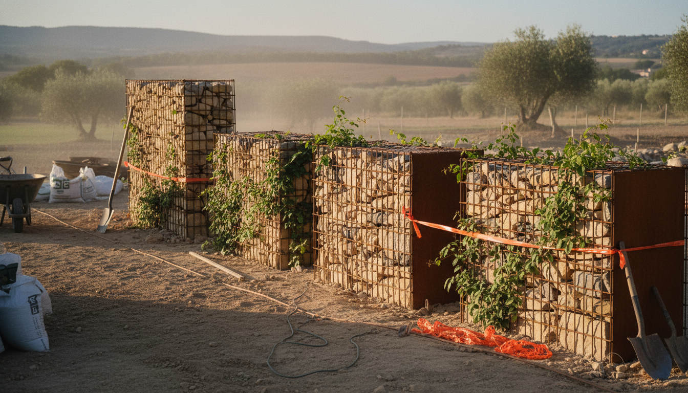 Mur gabion moderne mixte pierre calcaire drômoise et cage corten rouillée, plantes grimpantes, esthétique wabi-sabi paysagé Drôme 2026