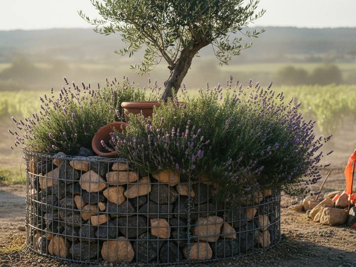 Jardinière en gabion plantée