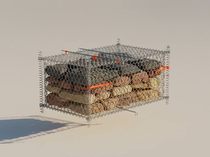 Coupe d'un gabion : cage, maille, remplissage