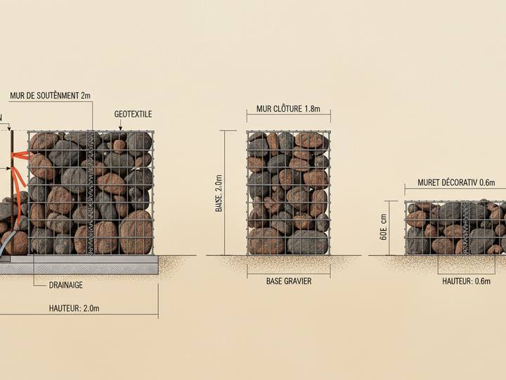 Trois types de murs en gabion côte à côte